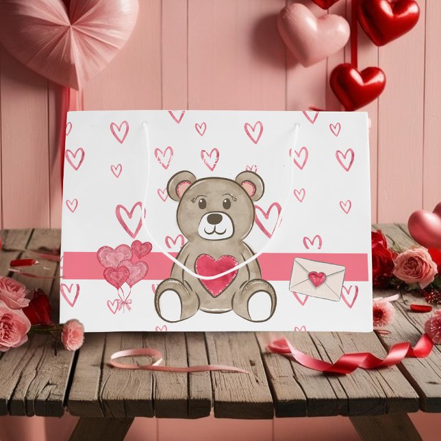 Vita och Rosa-hjärdar Vattenfärgsbjörn (Adorable White and Pink Hearts Watercolor Bear Large Gift Bag)