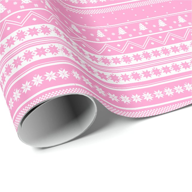 Vita och Rosa Nordiska sötvattensjulen Mönster Presentpapper (Rullad Hörn)