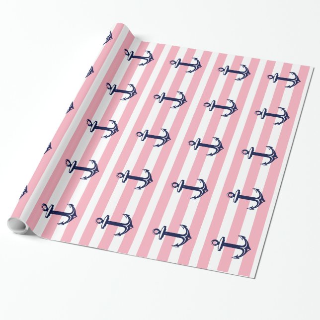 Vita och Rosa Rand Blue Nautical Anchor Presentpapper (Utrullad)