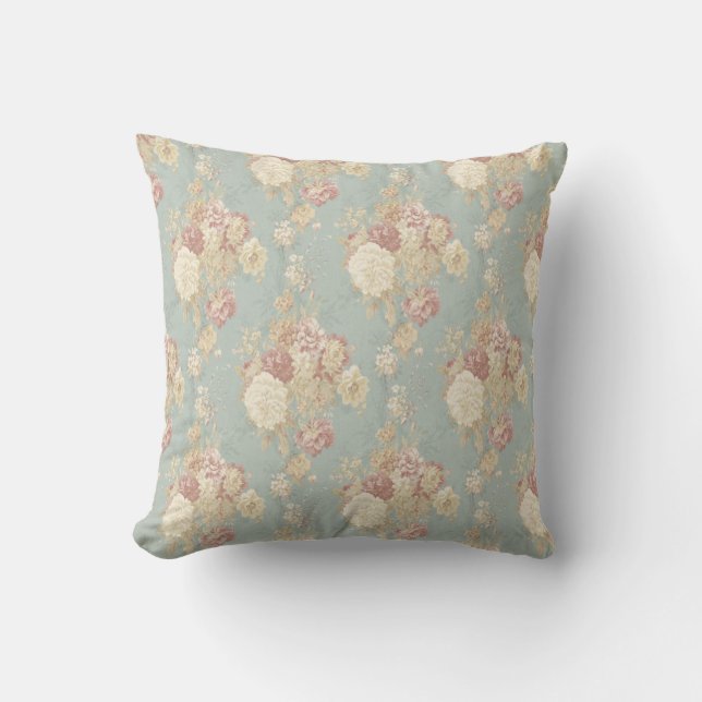 Vita och Rosa ros på Blå Shabby chic Kudde (Framsida)