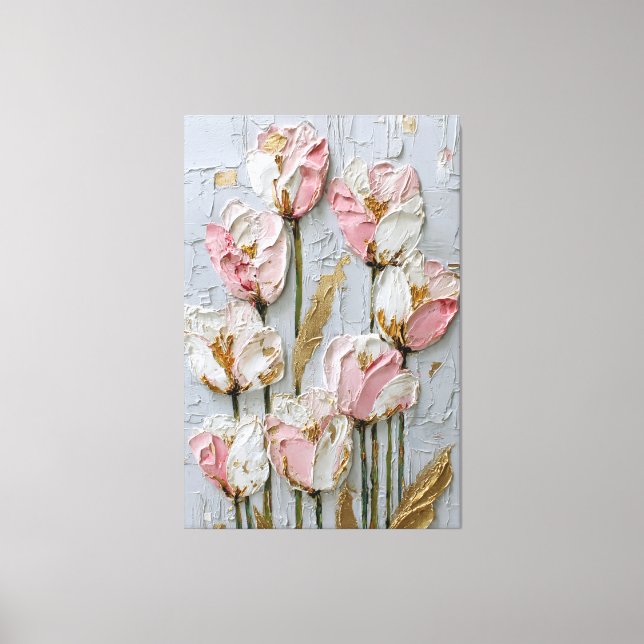 Vita och rosa tulpaner med guldstruktur abstrakt  canvastryck (Framsida)