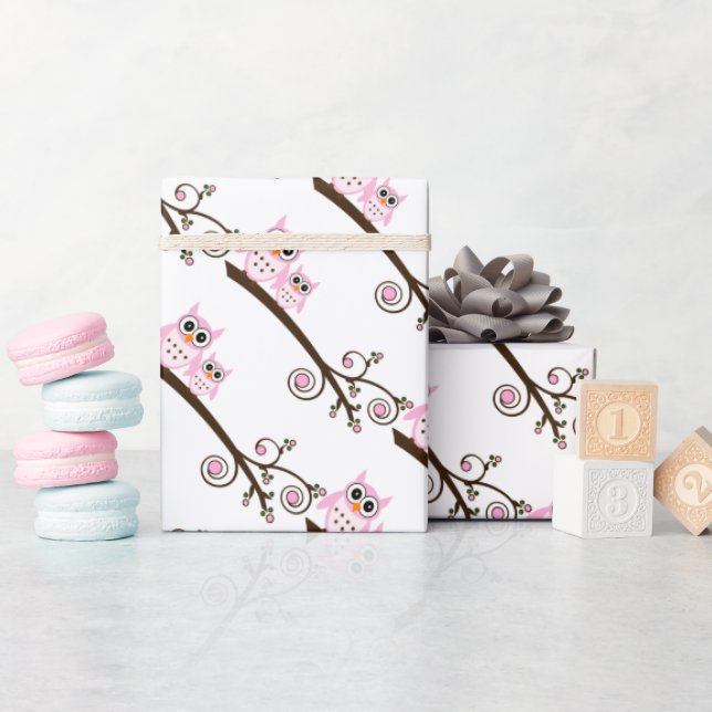 Vita och Rosa Uggla Temaparty Wrapping Papper Presentpapper (Baby Shower)