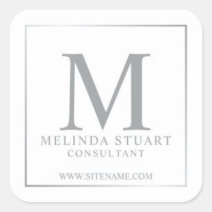 Vita och Silver Elegant Monogram Business Fyrkantigt Klistermärke