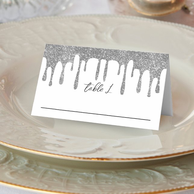 Vita och Silver Glitter-avlyssningsmottagning Placeringskort (White & Silver Glitter Drip Wedding Reception Place Card)