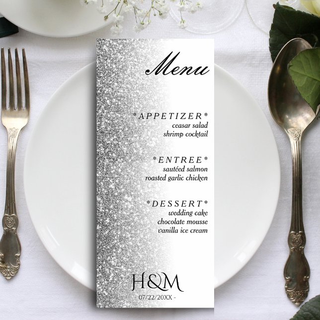 Vita och Silver Glitter, bröllopsmottagning Meny (White & Silver Glitter Dinner Wedding Reception Menu)