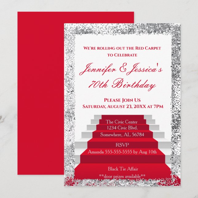 Vita och Silver Red Carpet Birthday Inbjudningar (Fram/baksida)