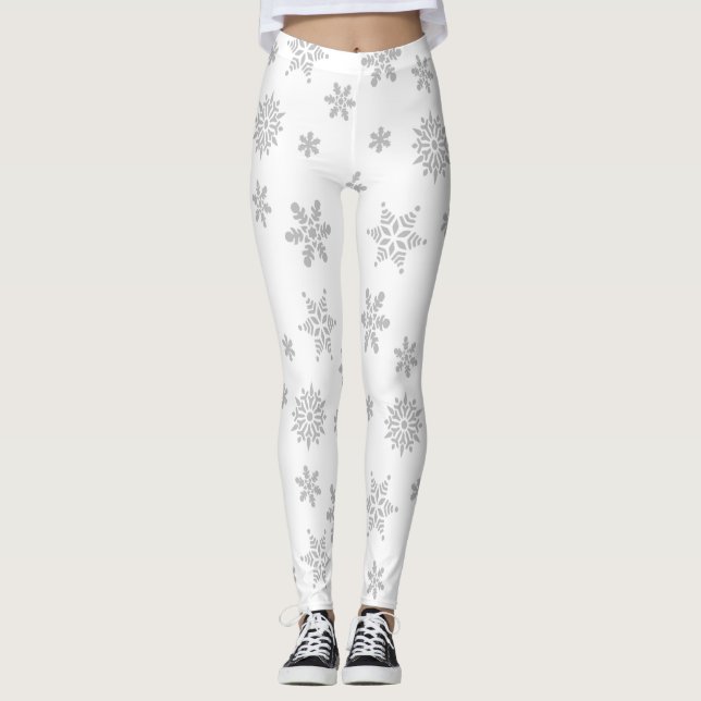 Vita och Silver Snöflingor Leggings (Framsida)