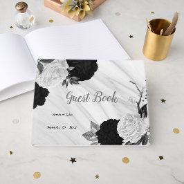 vita och svarta blommor grått botaniska marmor gästböcker