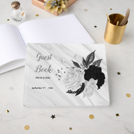 vita och svarta blommor grått botaniska marmor gästböcker