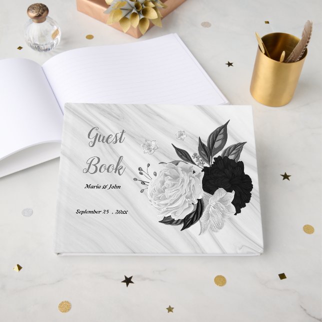 vita och svarta blommor grått botaniska marmor gästböcker (Framsida Öppen)