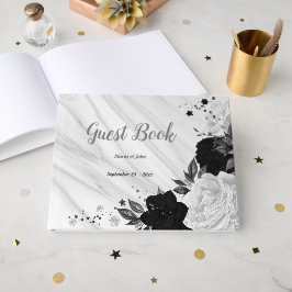 vita och svarta blommor grått botaniska marmor gästböcker