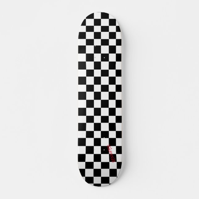 Vita och svarta Checkers & Namn eller Text Mini Skateboard Bräda 18,5 Cm (Framsida)