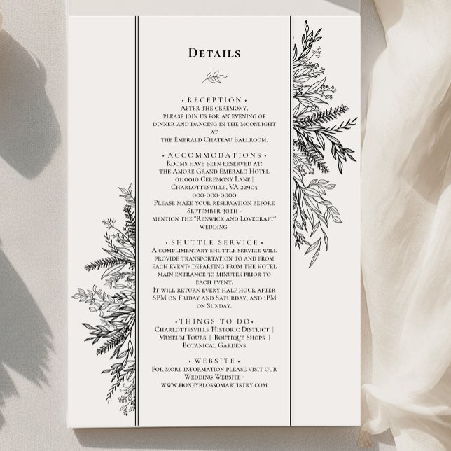 Vita och svarta detaljer med grönska till bröllops tilläggskort (Skapare uppladdad)