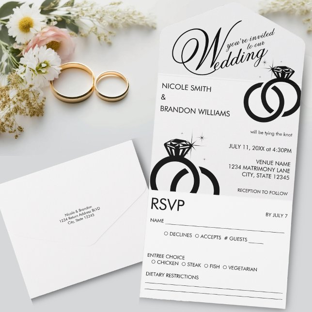 Vita och svarta Diamond Ring Bröllop (White & Black Diamond Ring Wedding All In One Invitation)