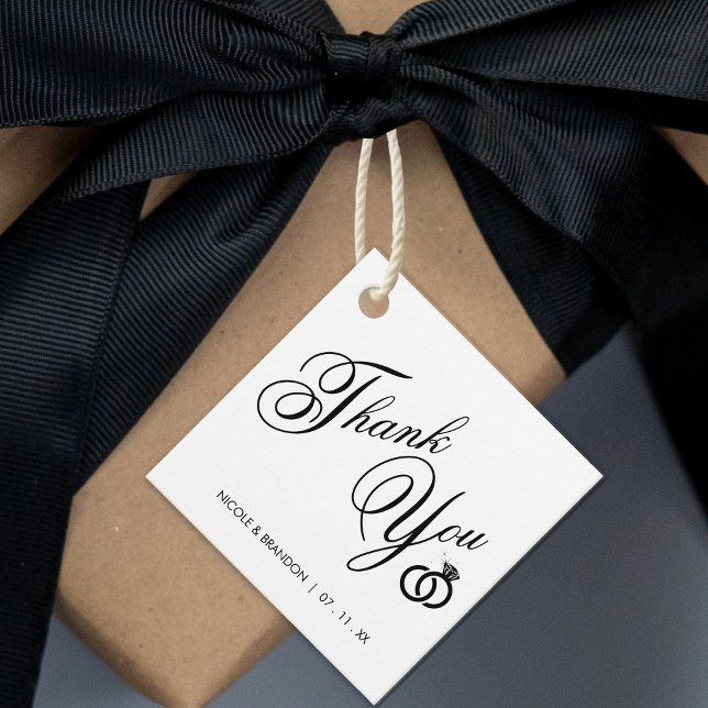 Vita och svarta Diamond Ring Bröllop Tack Gåvor Etiketter (White & Black Diamond Ring Wedding Thank You Favor Tags)