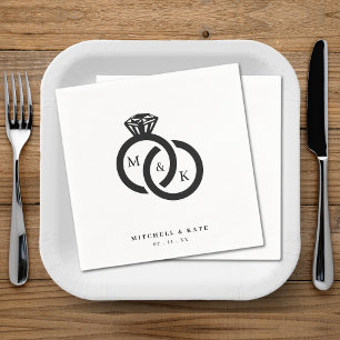 Vita och svarta Diamond Ring Monogram Bröllop Pappersservett