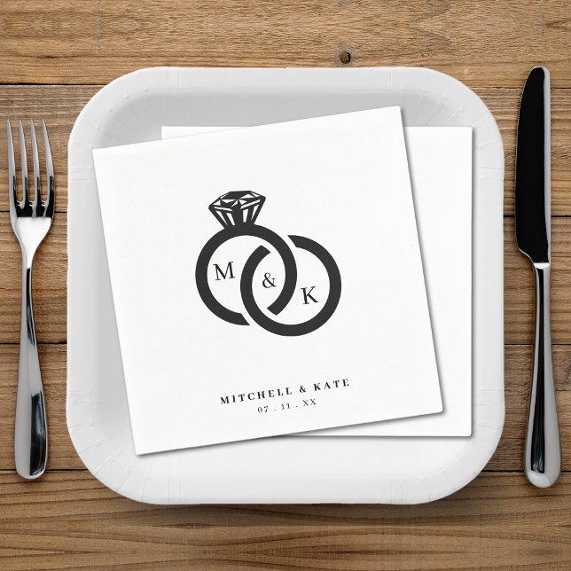 Vita och svarta Diamond Ring Monogram Bröllop Pappersservett (White & Black Diamond Ring Monogram Wedding Napkins)