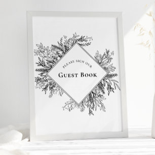Vita och svarta Greenery Bröllop Guest Bok-tecken Poster