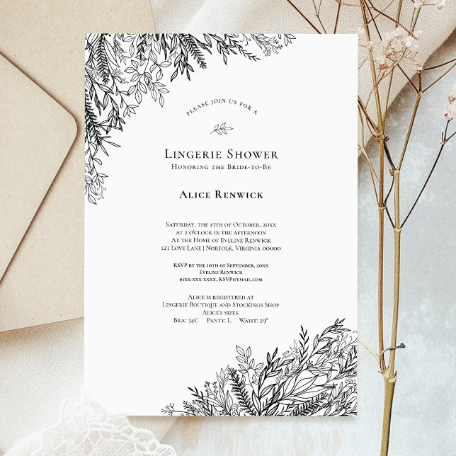 Vita och svarta Greenery Bröllop Lingerie Shower Inbjudningar (Skapare uppladdad)