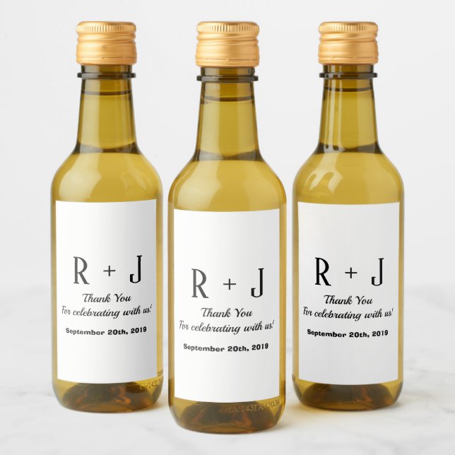 Vita och svarta Monogram Tack Bröllop Mini Vinetikett (Flaskor)