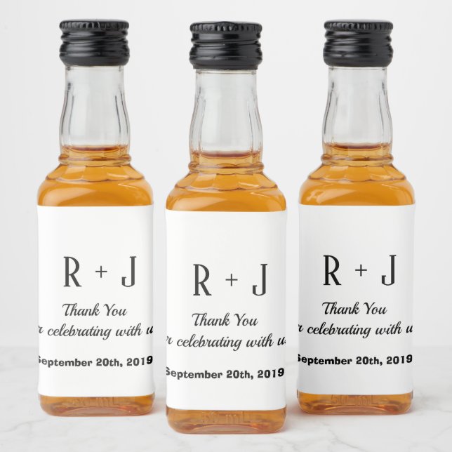 Vita och svarta Monogram Tack Bröllop Spritflaskor Etikett (Flaskor)