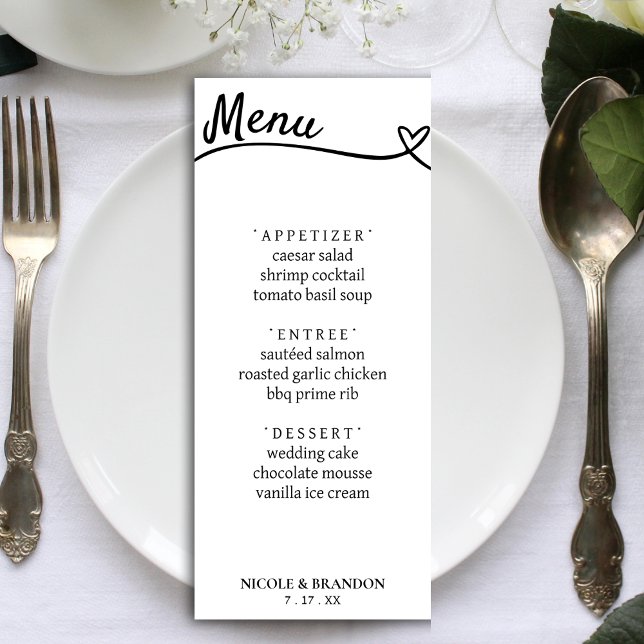 Vita och svarta par hjärtbröllopsmottagning meny (White & Black Couple Heart Wedding Reception Menu)