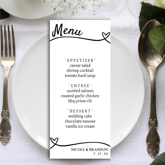 Vita och svarta par hjärtbröllopsmottagning meny (White & Black Couple Heart Wedding Reception Menu)