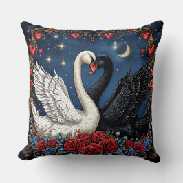 Vita och svarta svanar med hjärtan och rosor kudde