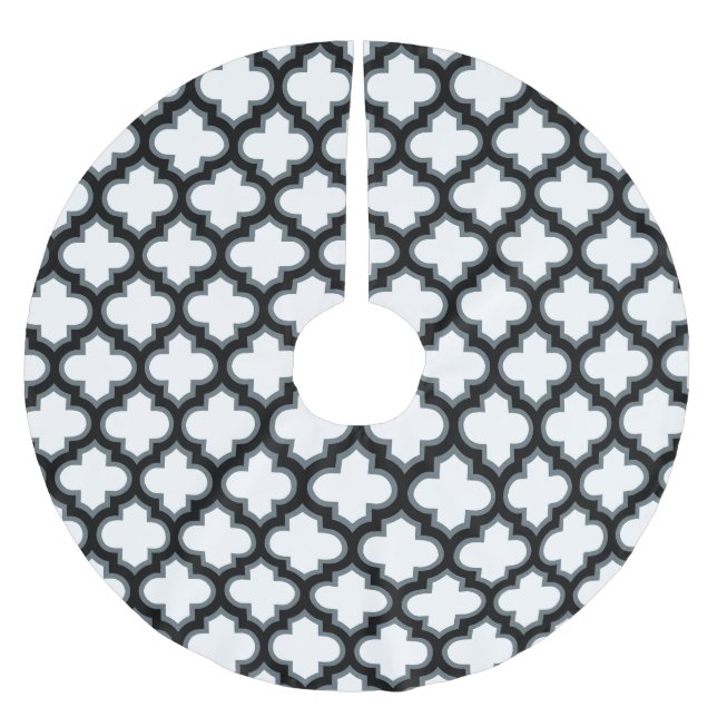 Vita och svarta trellis, lattice, quatrefoil julgransmatta borstad polyester (Framsidan)
