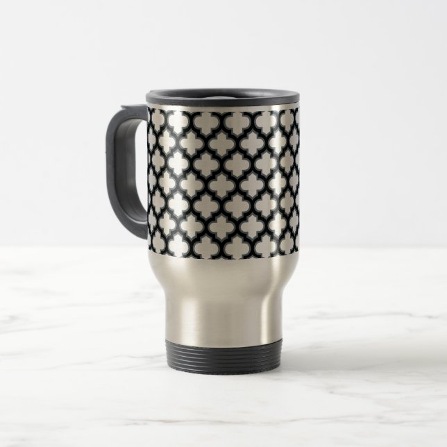 Vita och svarta trellis, lattice, quatrefoil resemugg (Framsida vänster)