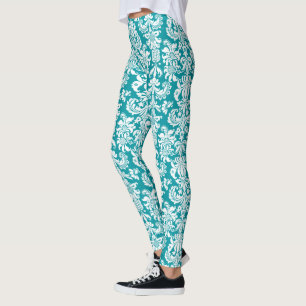Vita och turkos-blå Blommigt-skador Leggings