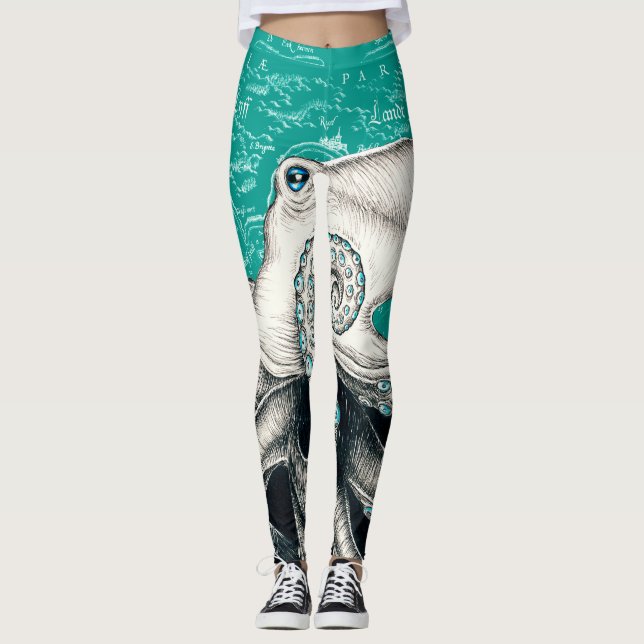 Vita Octopus Teal Vintage Karta Leggings (Framsida)