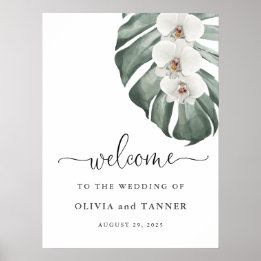 Vita Orchids på Monstera Tropical Bröllop Välkomme Poster