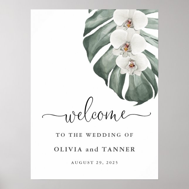Vita Orchids på Monstera Tropical Bröllop Välkomme Poster (Framsidan)
