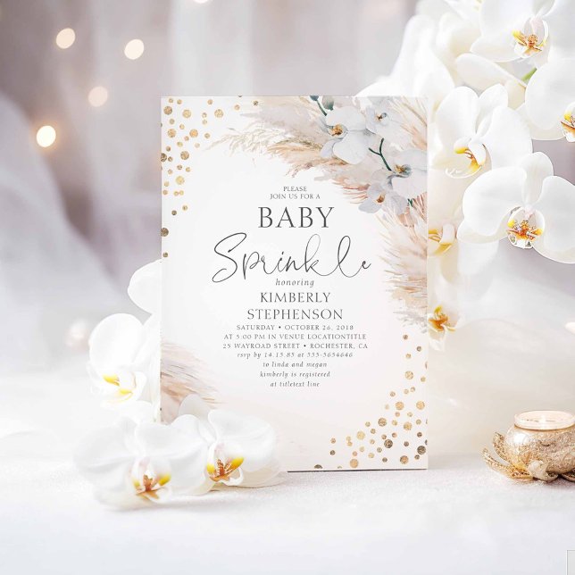 Vita Orchids Pampas Grass Baby Shower Sprinkle Inbjudningar (Baby Sprinkle Boho Baby Shower Invitations)
