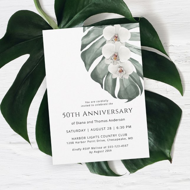 Vita Orchids Tropical Paradise 50-årsdagen Inbjudningar (Celebrate a 50th wedding anniversary in island style with this white orchid invitation.)