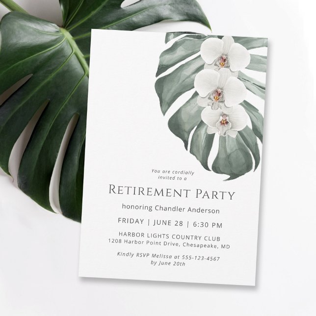Vita Orchids Tropical Paradise Pension Party Inbjudningar (Contemporary styling in this retirement party invitation, available as digital download & printed.)