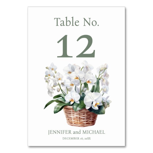 Vita Orchids Watercolor Bröllop Bordsnummer (Framsidan)