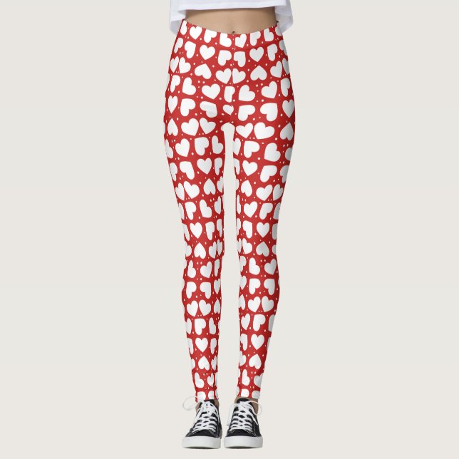 Vita örhängen och Polka dots på rött skinn Leggings (Framsida)
