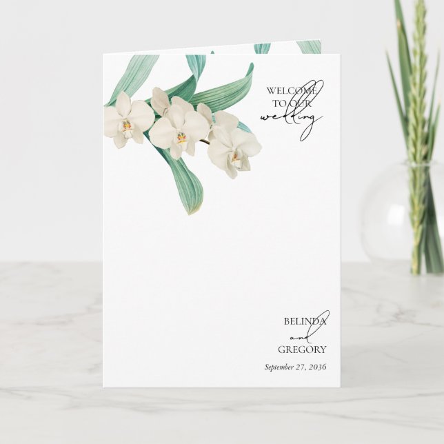 Vita orkidéer Blommig bröllopsordning för ceremoni Program (Framsida)