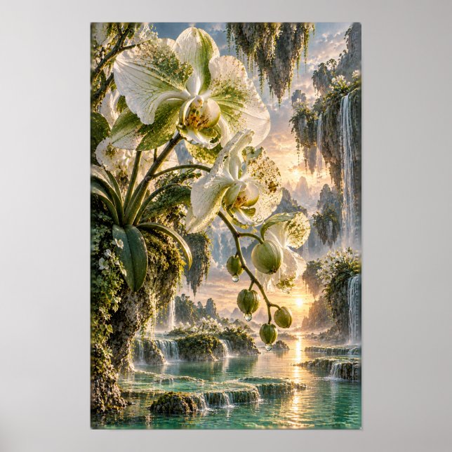 Vita orkidéer i Solnedgång Vattenfall Dal Väggkons Poster (Framsidan)