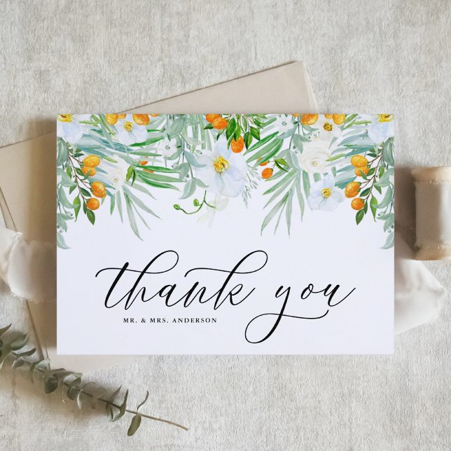 Vita orkidéer och kumquat Tropisk blomsterbröllop Tack Kort (Skapare uppladdad)