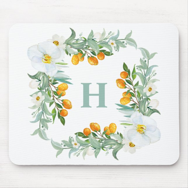 Vita orkidéer och Kumquats Tropical Monogram Musmatta (Framsidan)