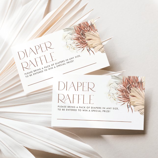 Vita orkidéer och palmlövs boho blöjtomte lotteri tilläggskort (This boho diaper raffle card featuring watercolor white orchids, dried palm leaves, and pampas.)