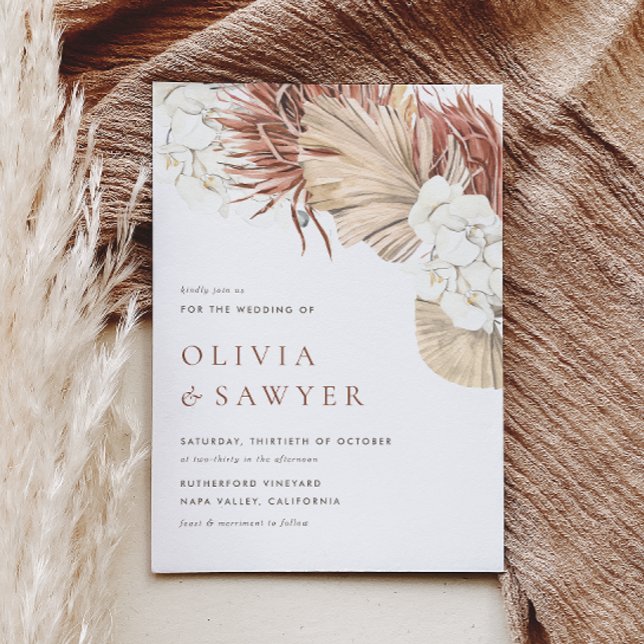 Vita orkidéer och torkade palmlösa Boho-bröllop Inbjudningar (Boho wedding invitation featuring watercolor pampas grass, dried palm leaves, and white orchids.)