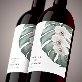 Vita orkidéer på Monstera Tropical Paradise Vinflaska Etikett