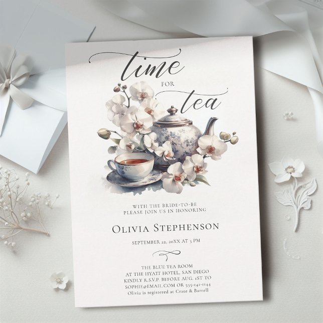 Vita orkidéers Möhippa för vattenfärgsfärgning Chi Inbjudningar (bridal tea party white orchid elegant modern classic watercolor romantic sophisticated classy chic)