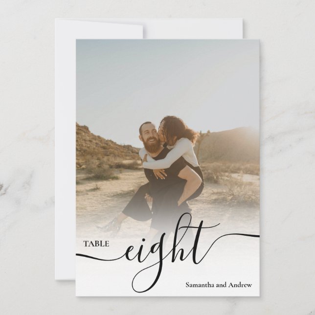 Vita övertäckningsskript namn foton bröllop bord inbjudningar (Framsida)