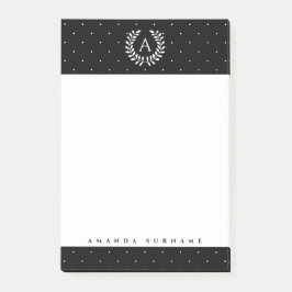 Vita på svarta lagerbokstavsmonogram små prickar post-it block