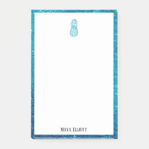 Vita på Teal Faux Glitter Pineapple & Gräns Post-it Block